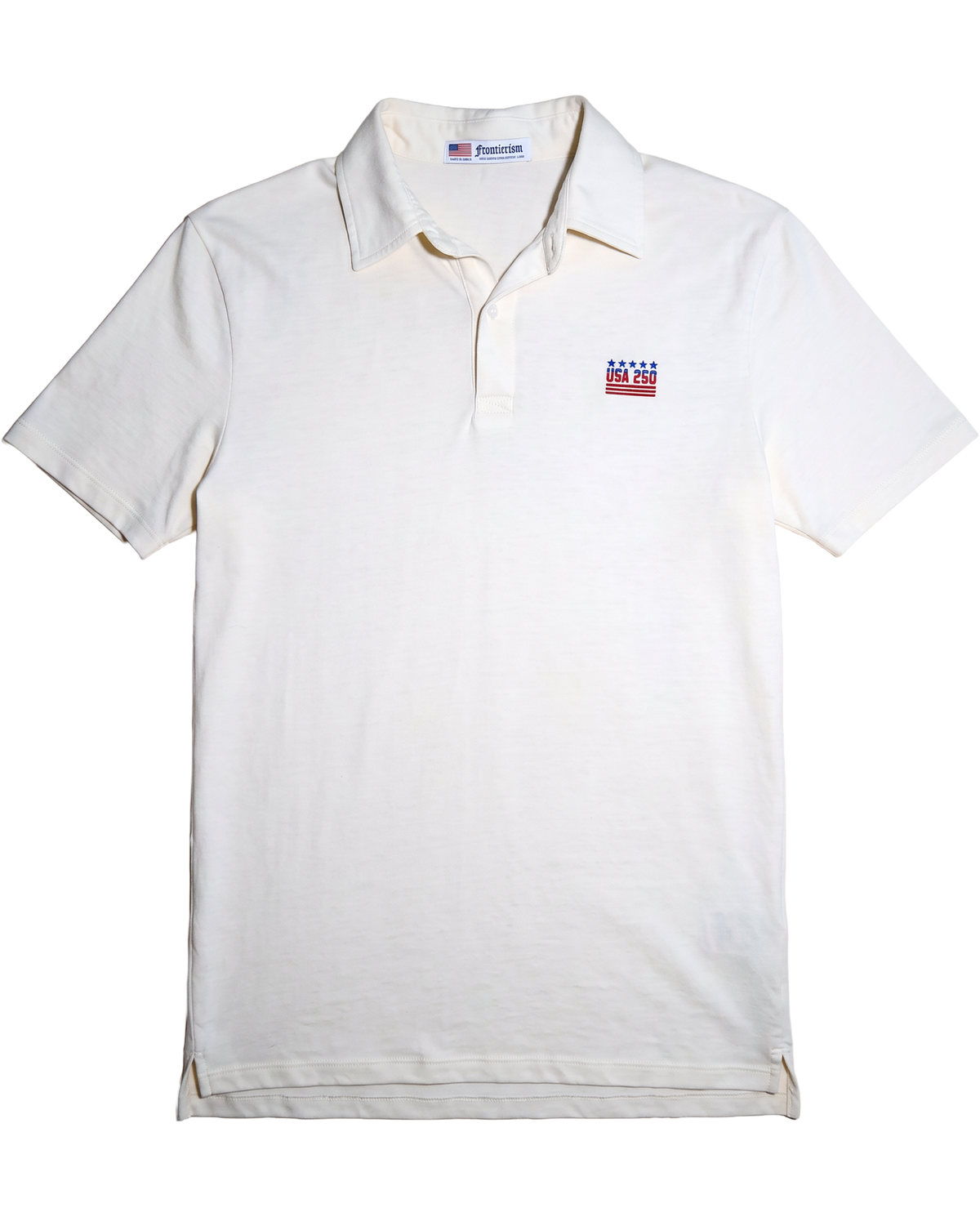 The 250 Polo in Cloud Cream, flat lay with USA 250 embroidery on the chest