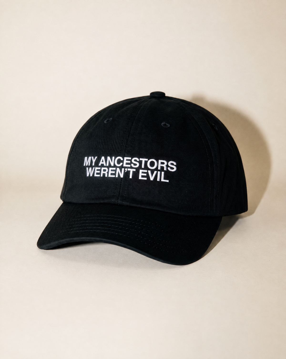 Black My Ancestors Weren't Evil hat, three-quarter view