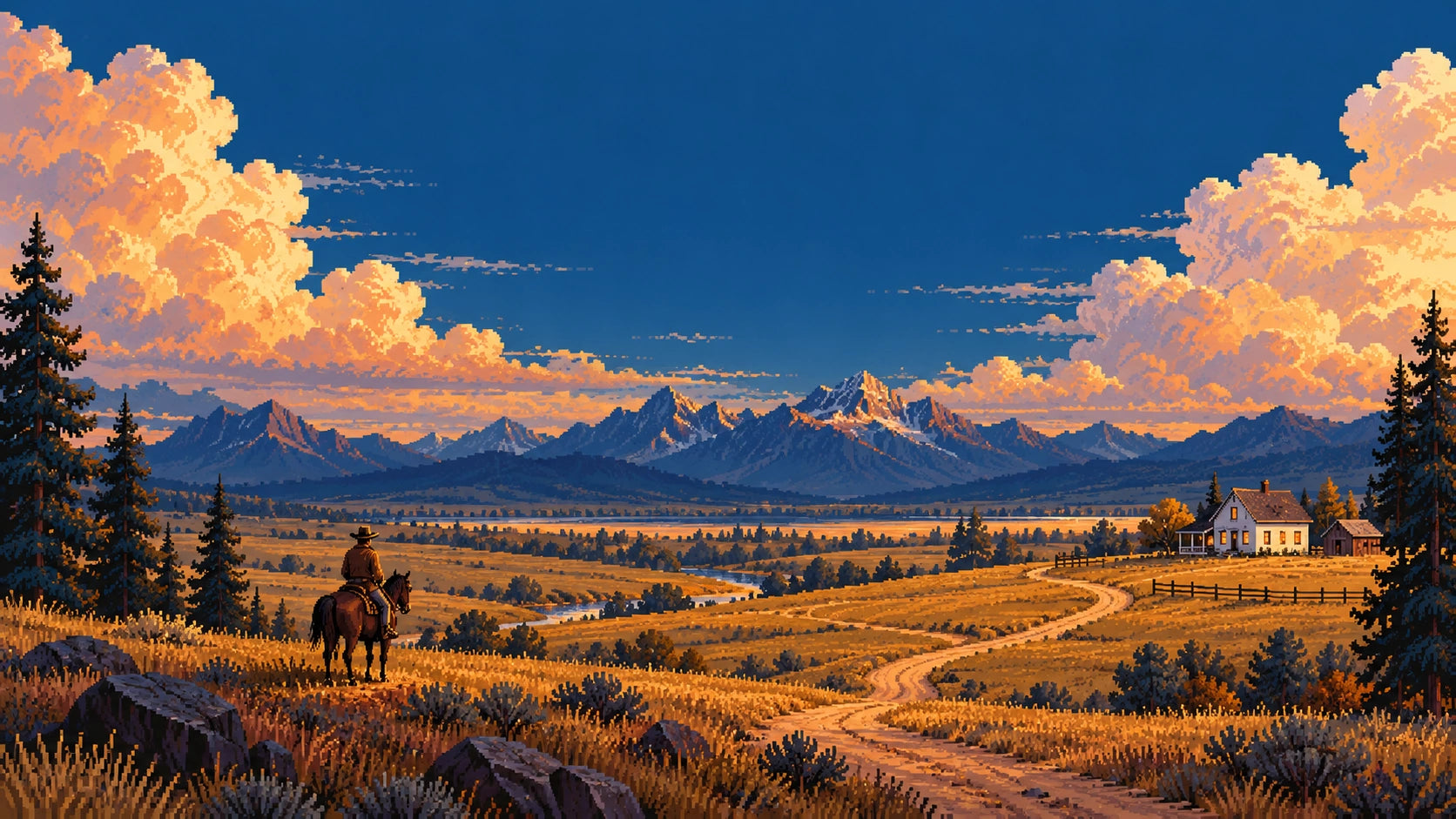 Pixel-art cowboy crossing golden prairie toward a farmhouse beneath a vast mountain sky